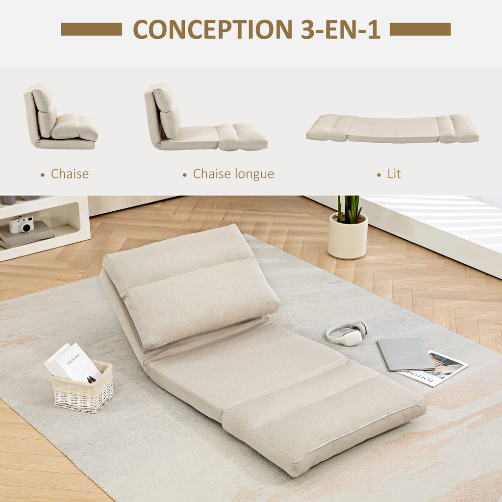 Fauteuil de sol canapé paresseux fauteuil convertible en lit inclinable 90° à 180° tissu - 70 x 72 x 56 cm - beige