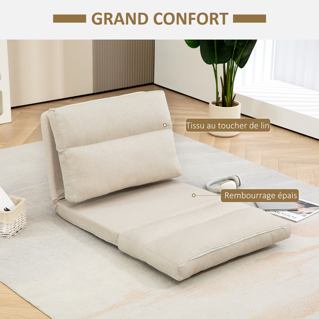 Fauteuil de sol canapé paresseux fauteuil convertible en lit inclinable 90° à 180° tissu - 70 x 72 x 56 cm - beige