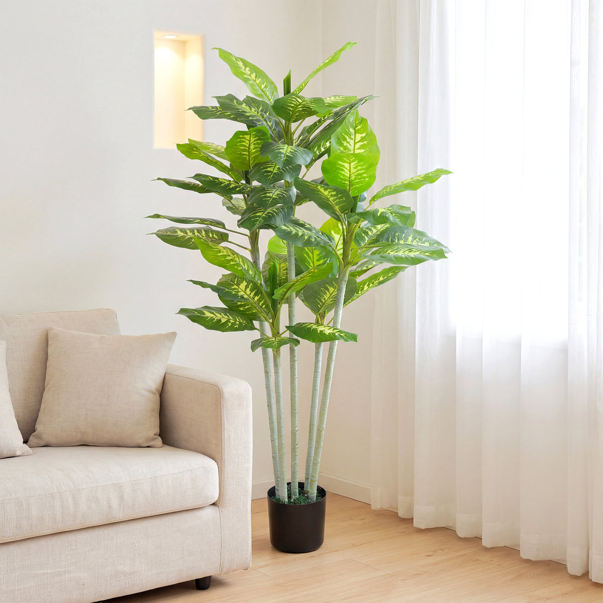 Plante artificielle calathea hauteur 150 cm pot ciment 53 feuilles - intérieur