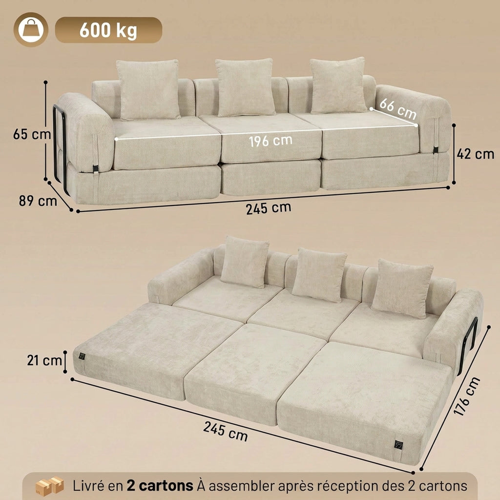 Canapé-Lit Pliable 245 cm, Canapé Compressé 3 Places Modulaire en Chenille avec Assise large, 3 Coussins, Beige
