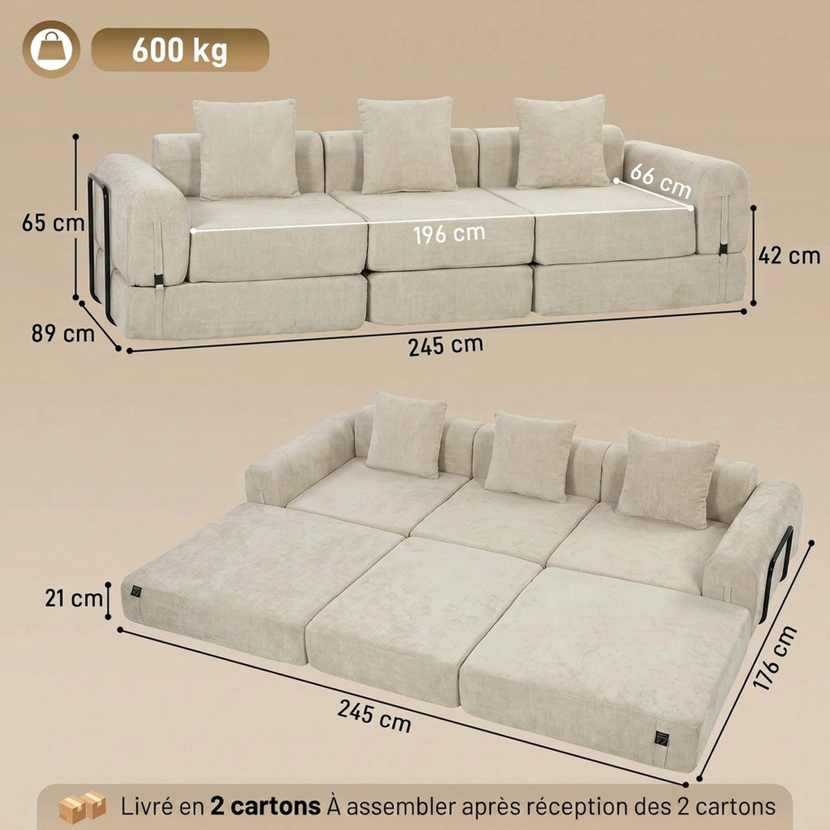 Canapé-Lit Pliable 245 cm, Canapé Compressé 3 Places Modulaire en Chenille avec Assise large, 3 Coussins, Beige
