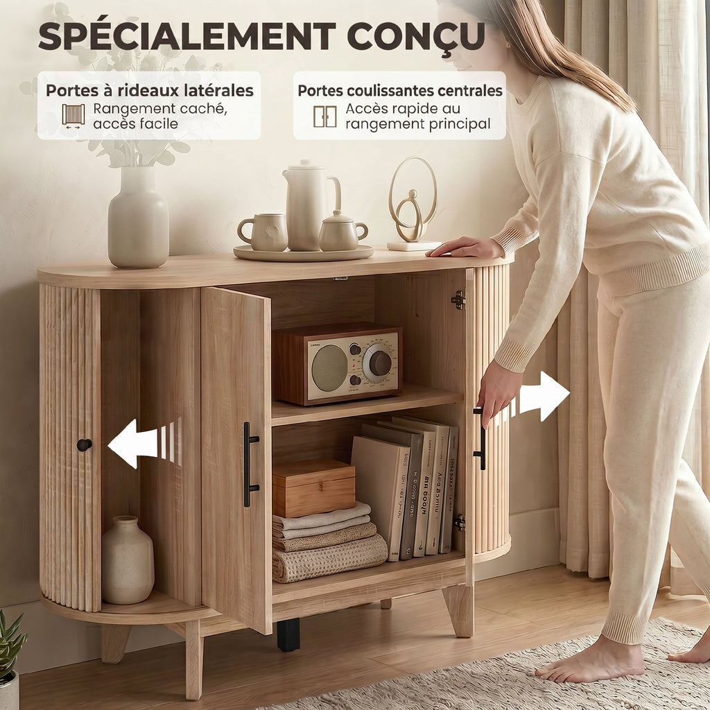 Buffet salon, meuble de rangement ovale avec 4 portes et étagère réglable, 90 x 40 x 76 cm, chêne
