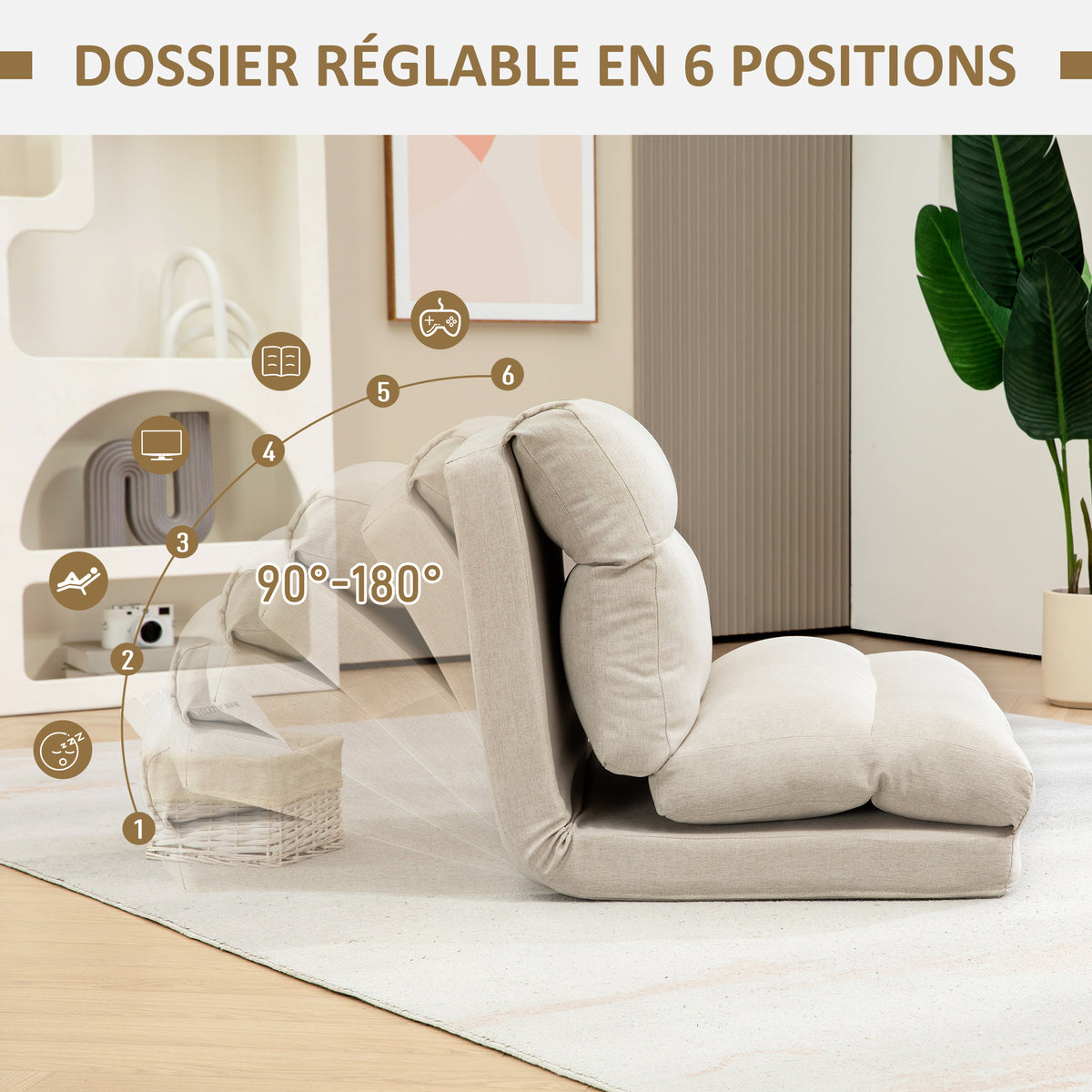 Fauteuil de sol canapé paresseux fauteuil convertible en lit inclinable 90° à 180° tissu - 70 x 72 x 56 cm - beige