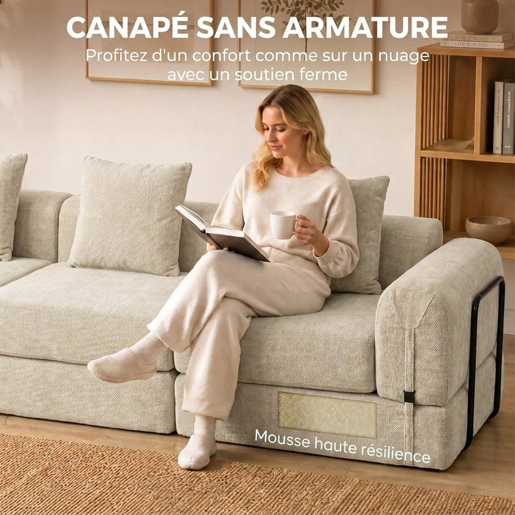 Canapé-Lit Pliable 245 cm, Canapé Compressé 3 Places Modulaire en Chenille avec Assise large, 3 Coussins, Beige