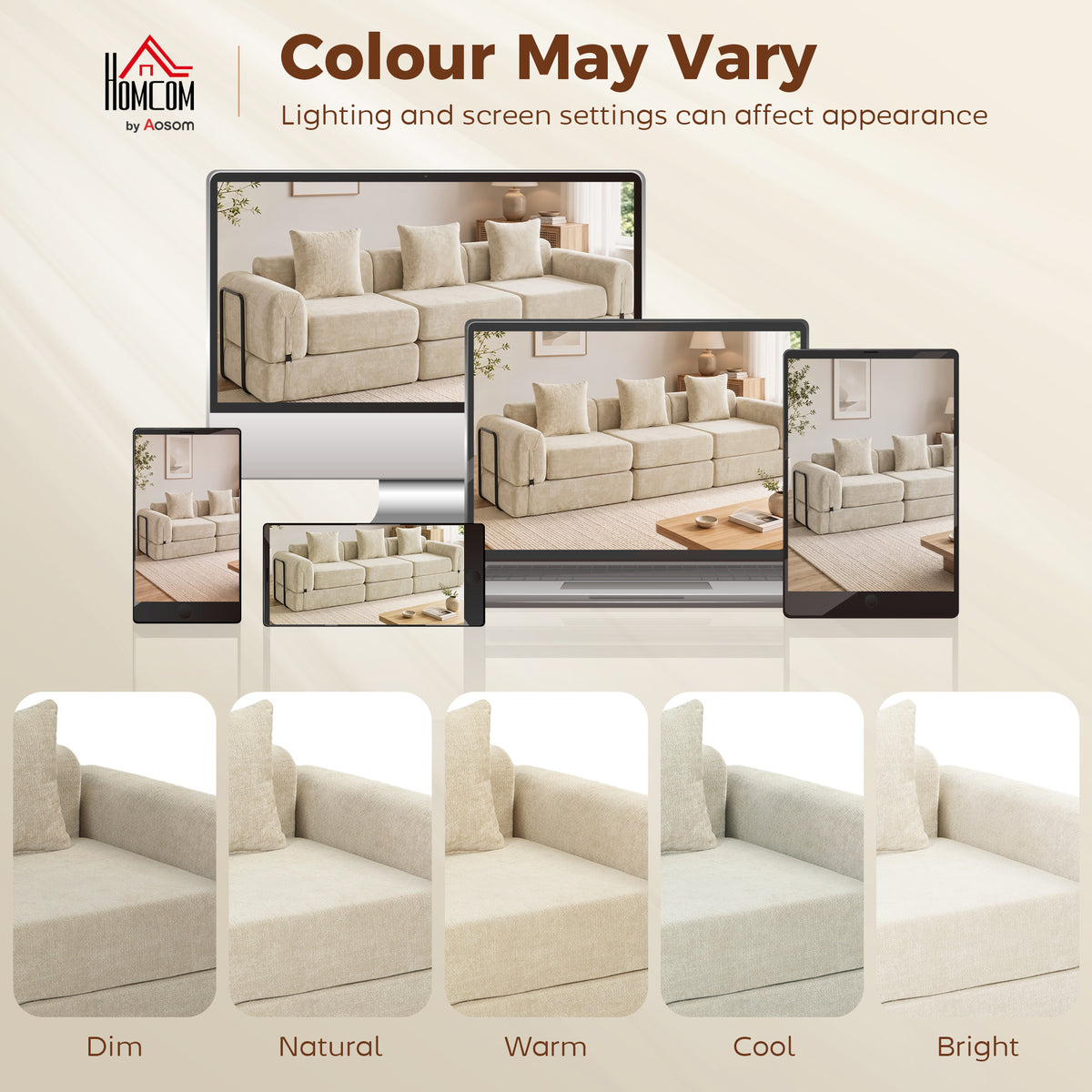 Canapé-Lit Pliable 245 cm, Canapé Compressé 3 Places Modulaire en Chenille avec Assise large, 3 Coussins, Beige