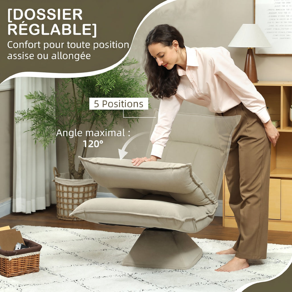 Chaise de sol pivotante à 360°, fauteuil pliable en velours avec dossier réglable 5 positions, 70x62x95cm, beige