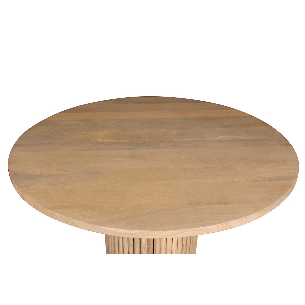 Vue du plateau rond en bois naturel de la table à manger ORION