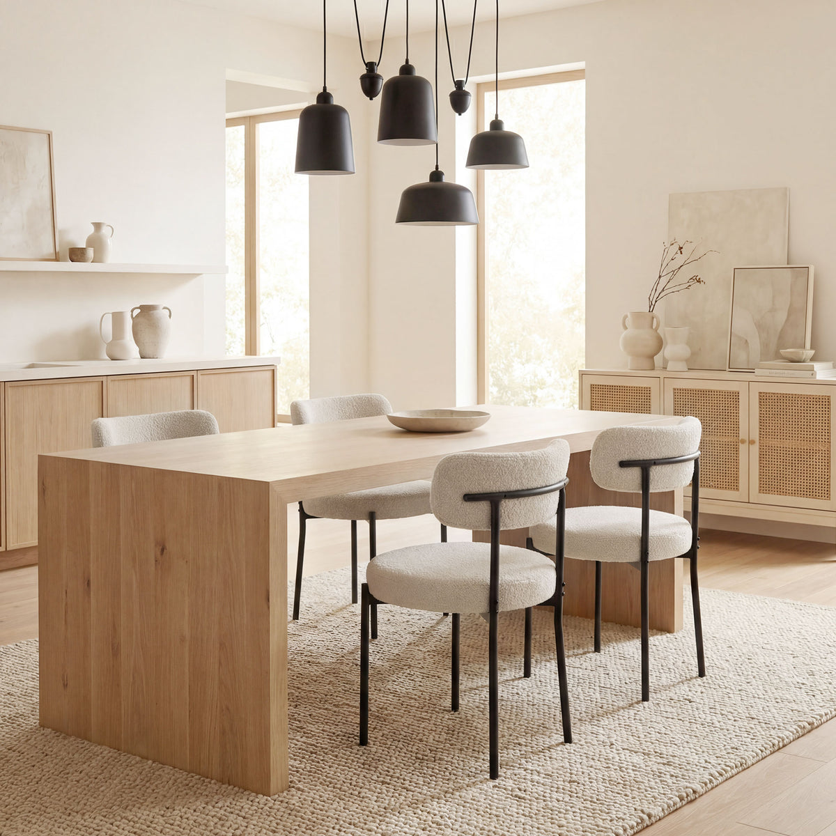 Lot de 4 Chaises Salle à Manger Chaises de Cuisine Rembourrées en Tissu Bouclette Dossier Incurvé Pieds en Acier Beige
