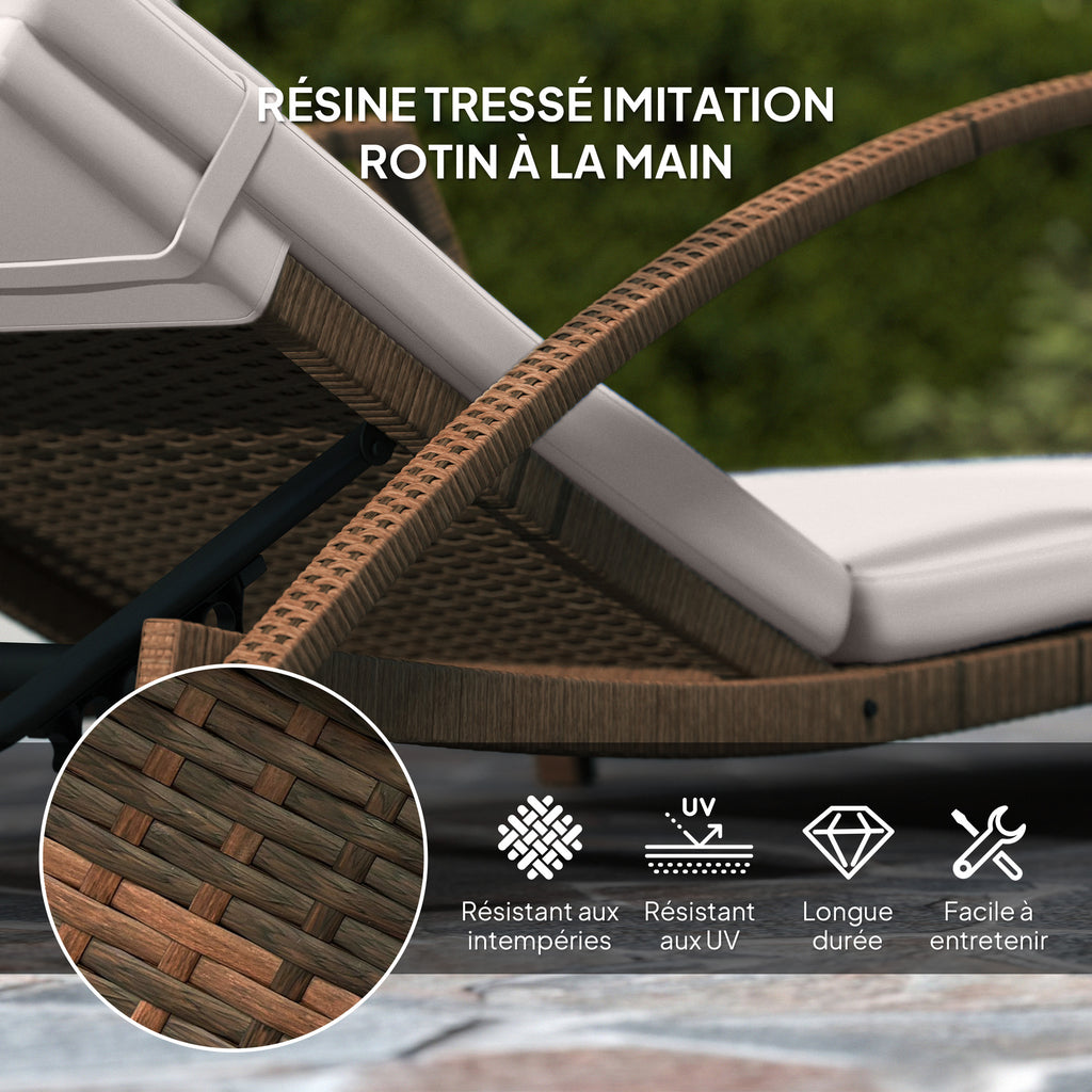 Bain de soleil, chaise longue en résine tressée avec dossier réglable, roulettes, coussin et accoudoirs, marron et beige