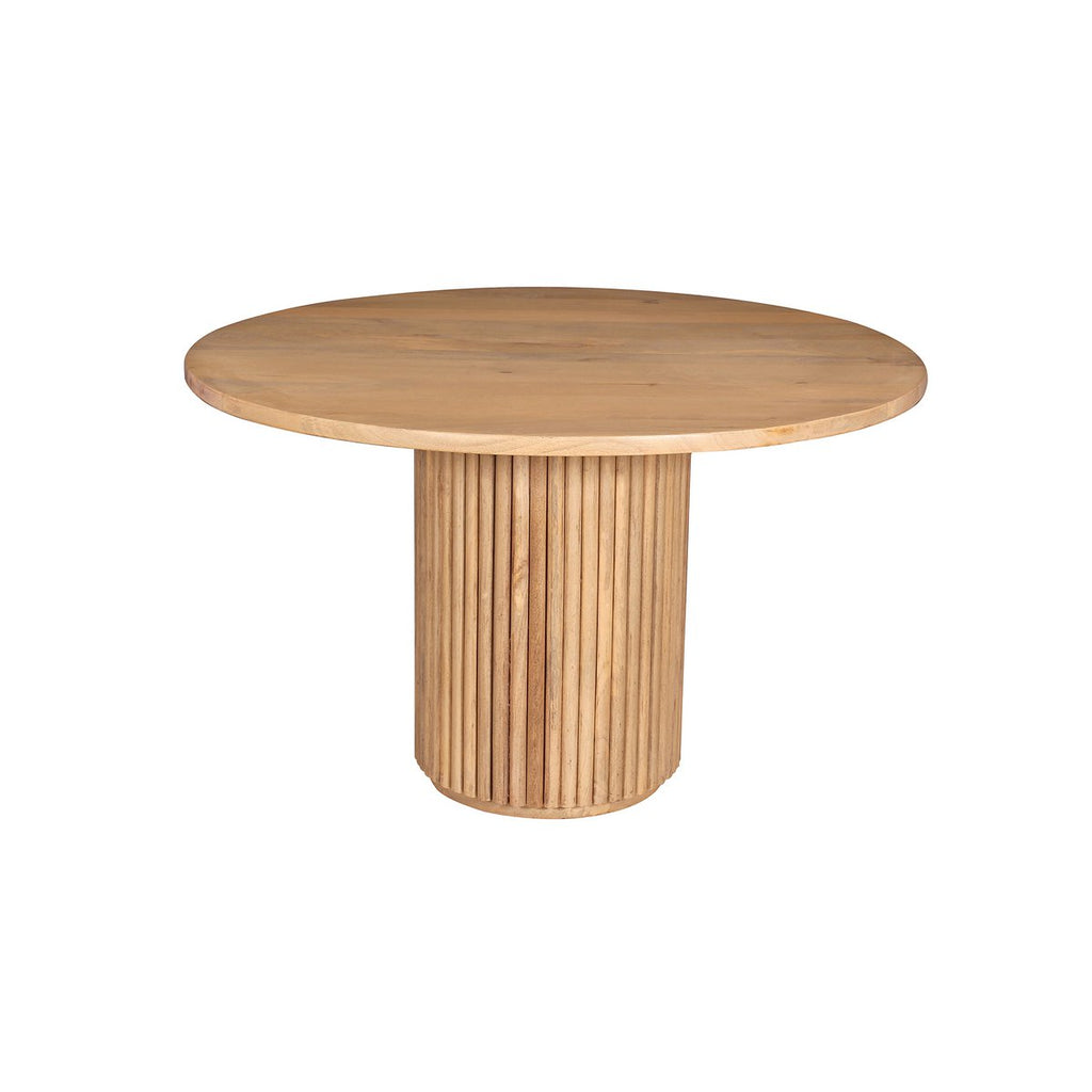 Table ronde ORION en bois naturel, vue de trois quarts sur fond blanc