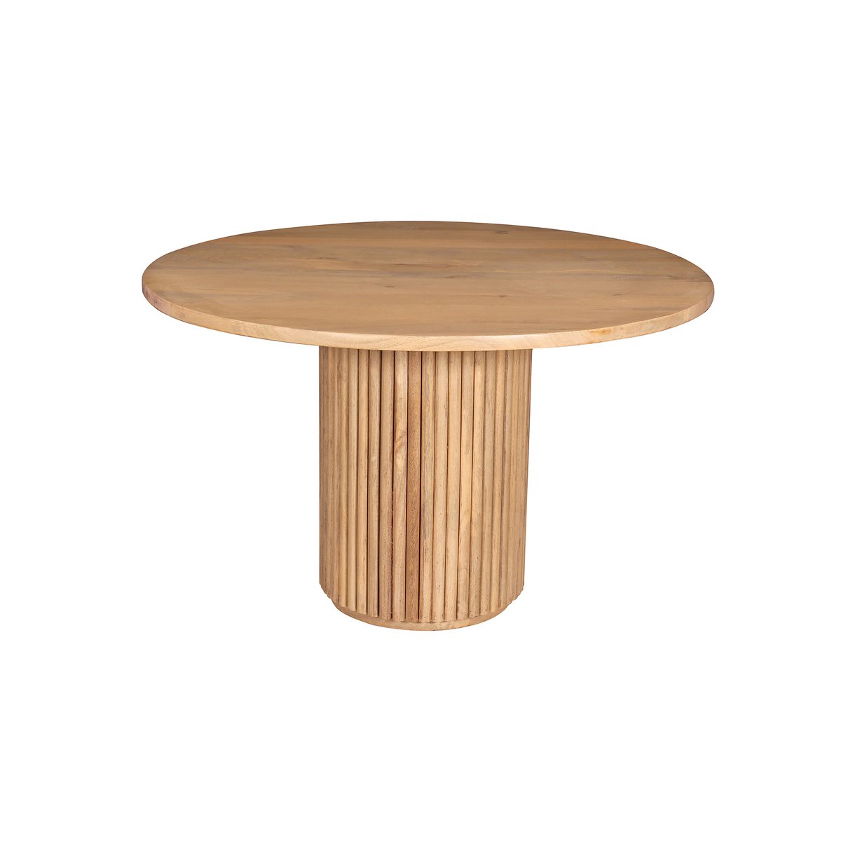 Table ronde ORION en bois naturel, vue de trois quarts sur fond blanc