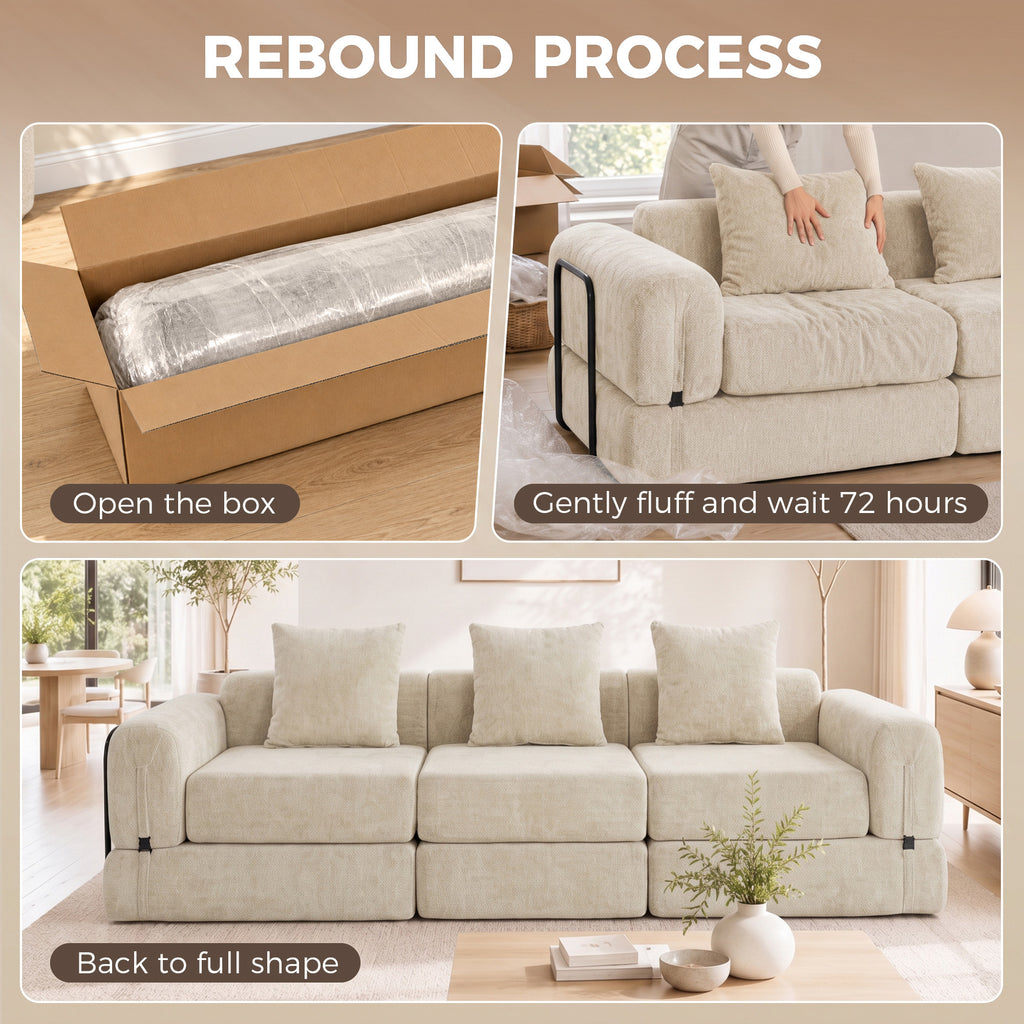 Canapé-Lit Pliable 245 cm, Canapé Compressé 3 Places Modulaire en Chenille avec Assise large, 3 Coussins, Beige