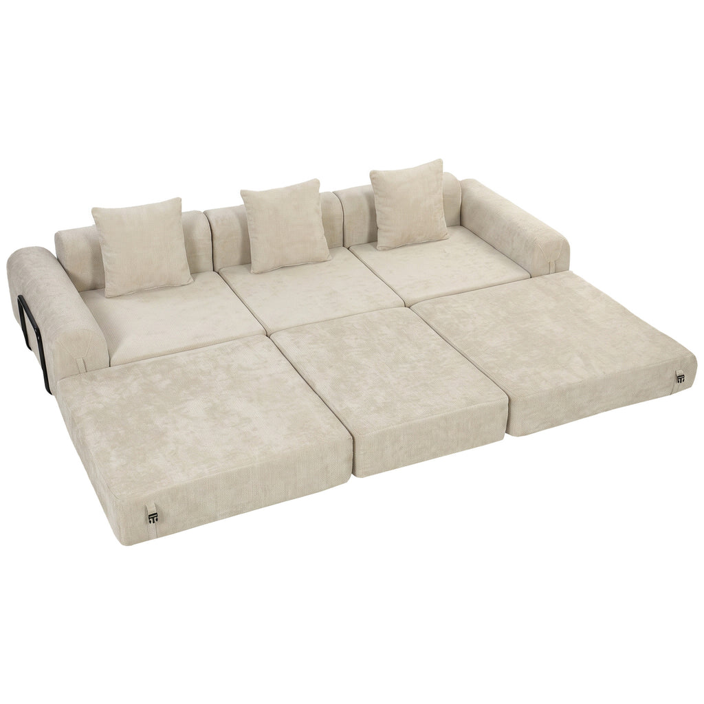 Canapé-Lit Pliable 245 cm, Canapé Compressé 3 Places Modulaire en Chenille avec Assise large, 3 Coussins, Beige
