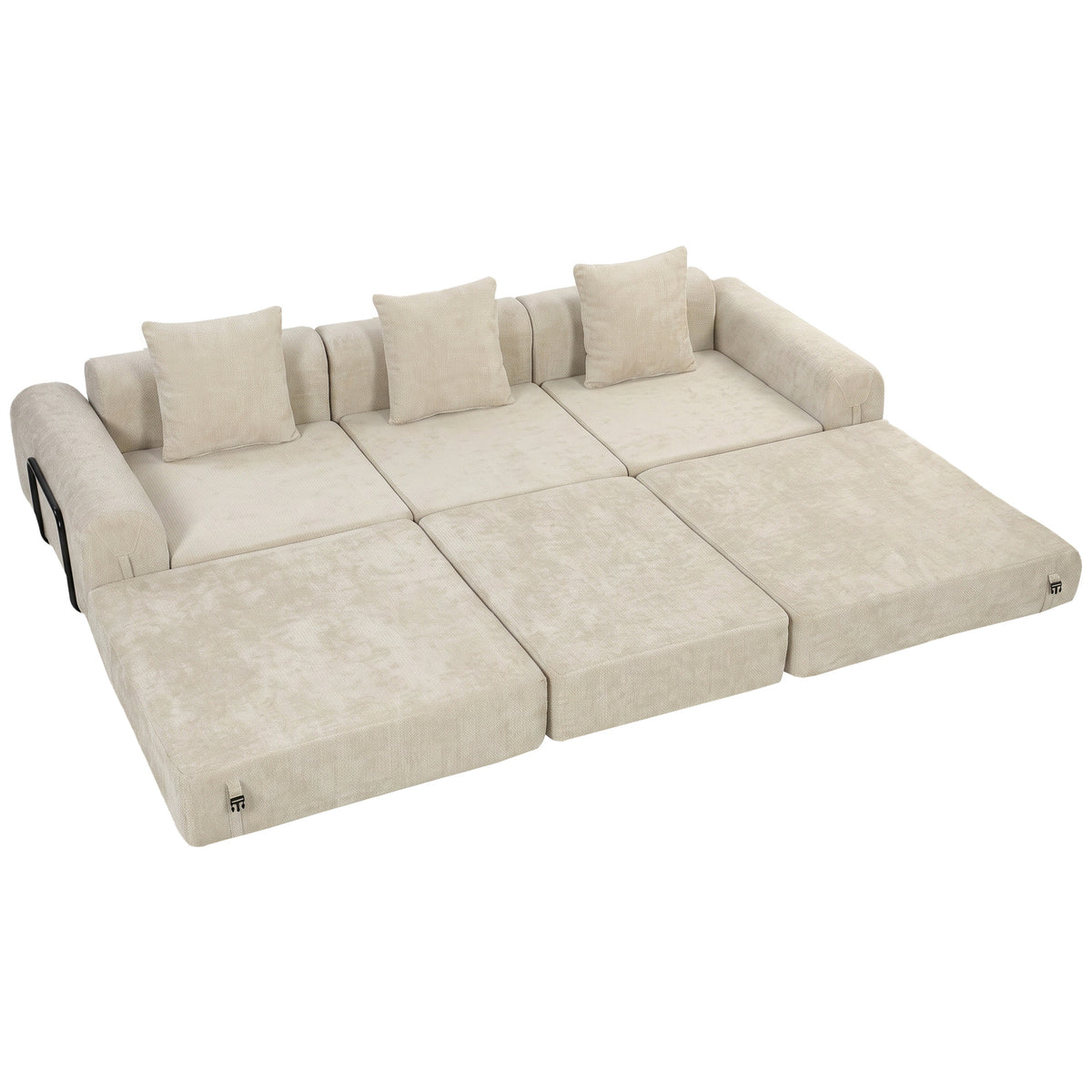 Canapé-Lit Pliable 245 cm, Canapé Compressé 3 Places Modulaire en Chenille avec Assise large, 3 Coussins, Beige