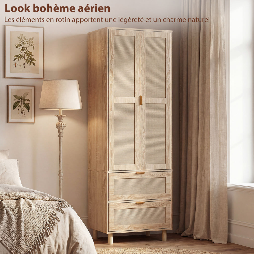 Armoire chambre penderie avec 2 portes en rotin, 2 tiroirs et barre de suspension, 63 x 47 x 185 cm, bois naturel