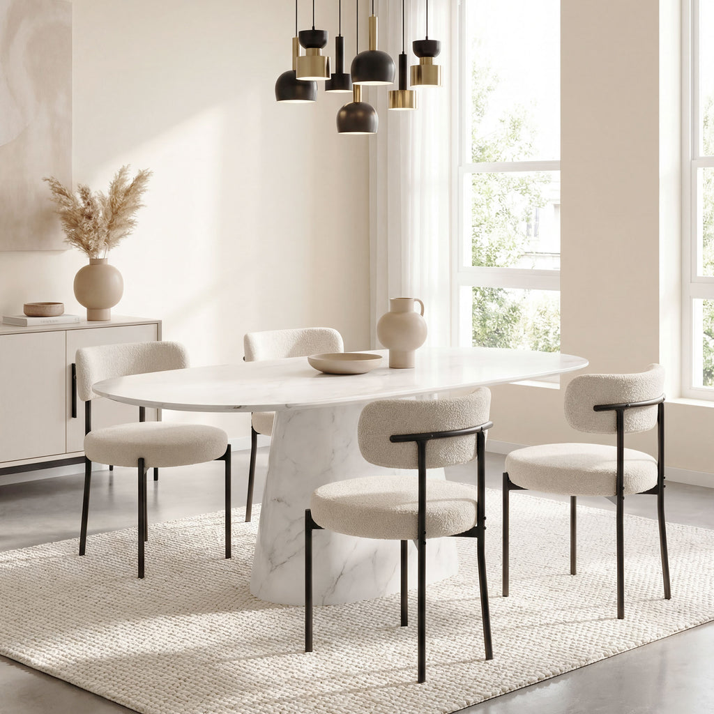 Lot de 4 Chaises Salle à Manger Chaises de Cuisine Rembourrées en Tissu Bouclette Dossier Incurvé Pieds en Acier Beige