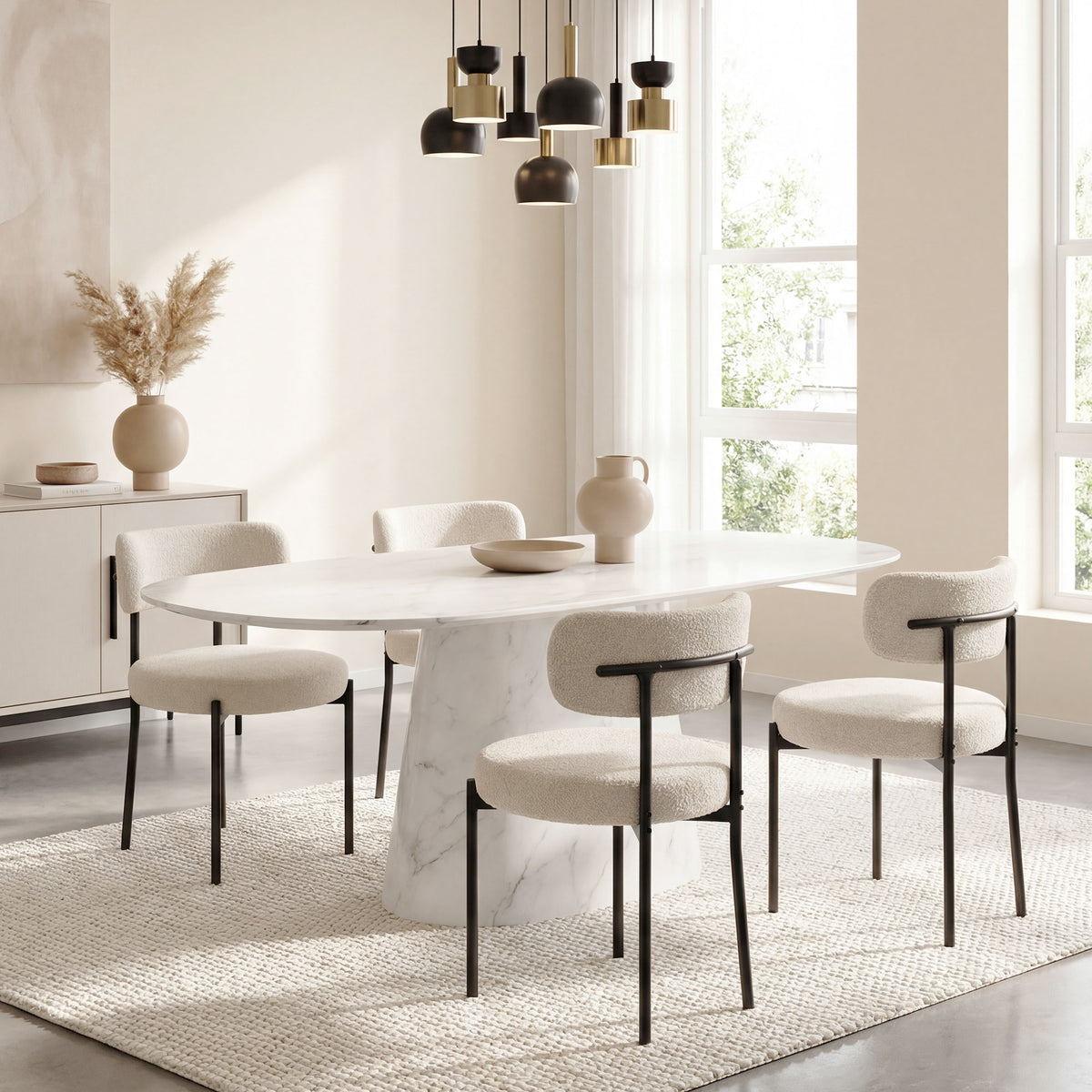 Lot de 4 Chaises Salle à Manger Chaises de Cuisine Rembourrées en Tissu Bouclette Dossier Incurvé Pieds en Acier Beige