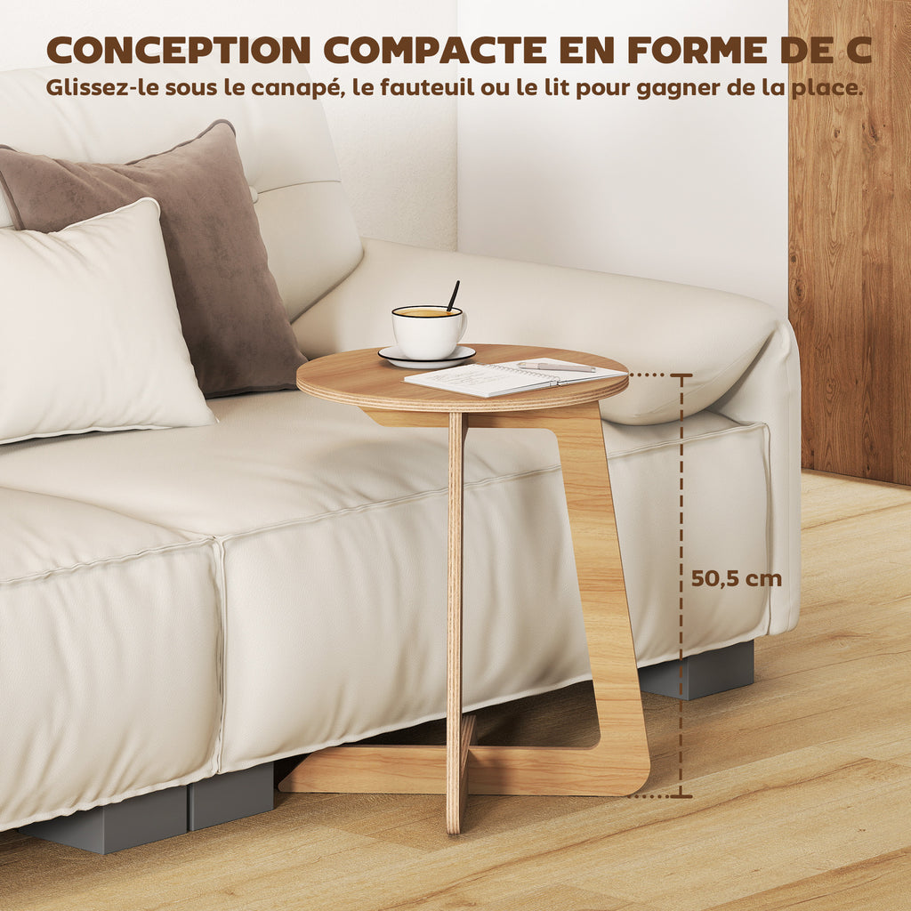 Table d'Appoint en Forme C, Plateau Rond Ø 36 cm, Table Basse Moderne, Compact, Montage par Clipsage, Effet Bois Naturel
