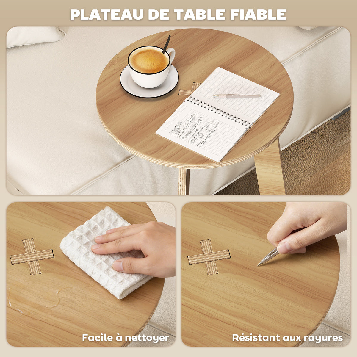 Table d'Appoint en Forme C, Plateau Rond Ø 36 cm, Table Basse Moderne, Compact, Montage par Clipsage, Effet Bois Naturel