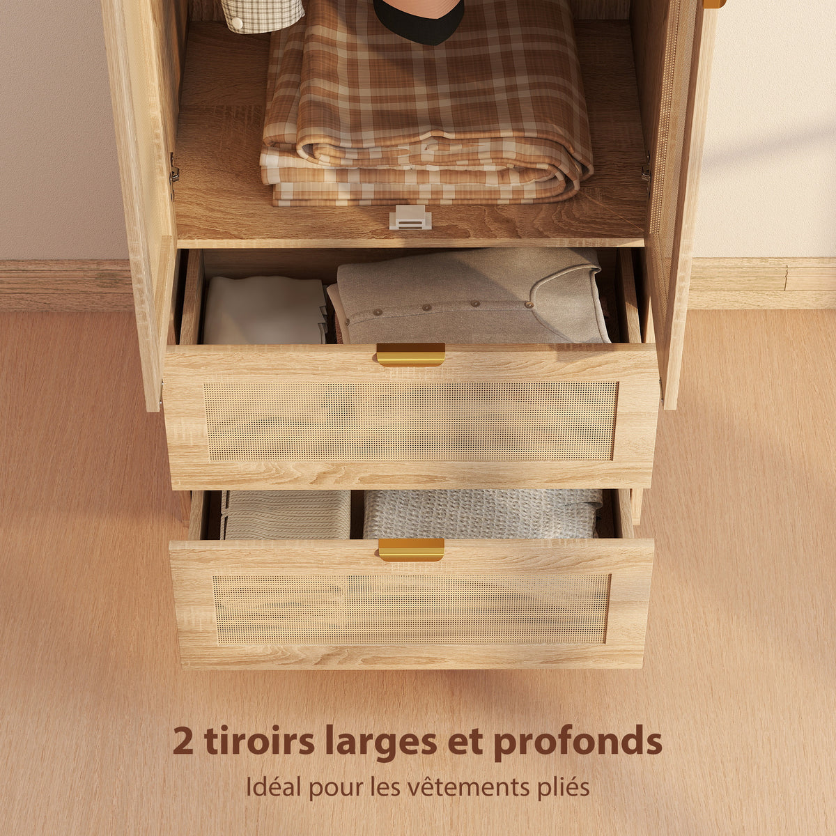 Armoire chambre penderie avec 2 portes en rotin, 2 tiroirs et barre de suspension, 63 x 47 x 185 cm, bois naturel