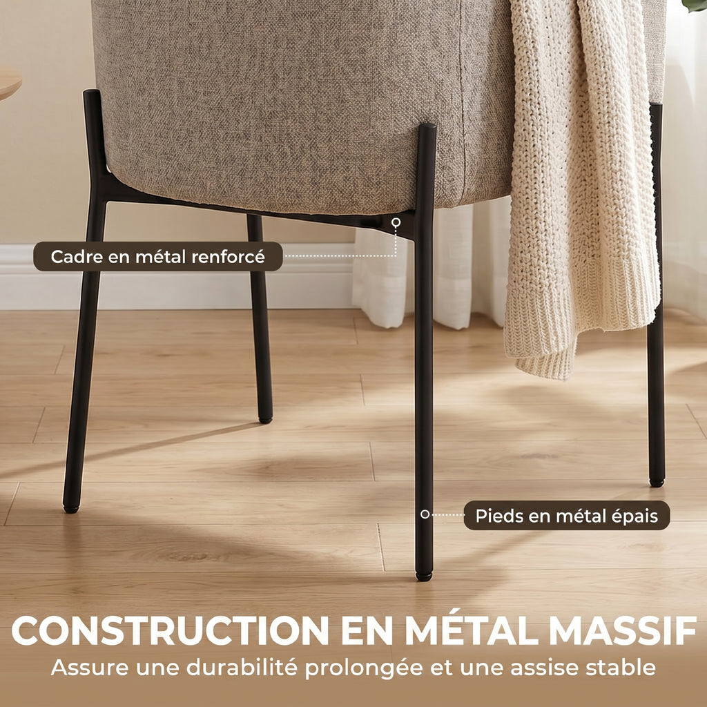 Fauteuil Salon, Fauteuil d'Appoint Rembourré en Chenille avec Dossier Courbé et Accoudoirs, Pieds en Métal, Marron Clair
