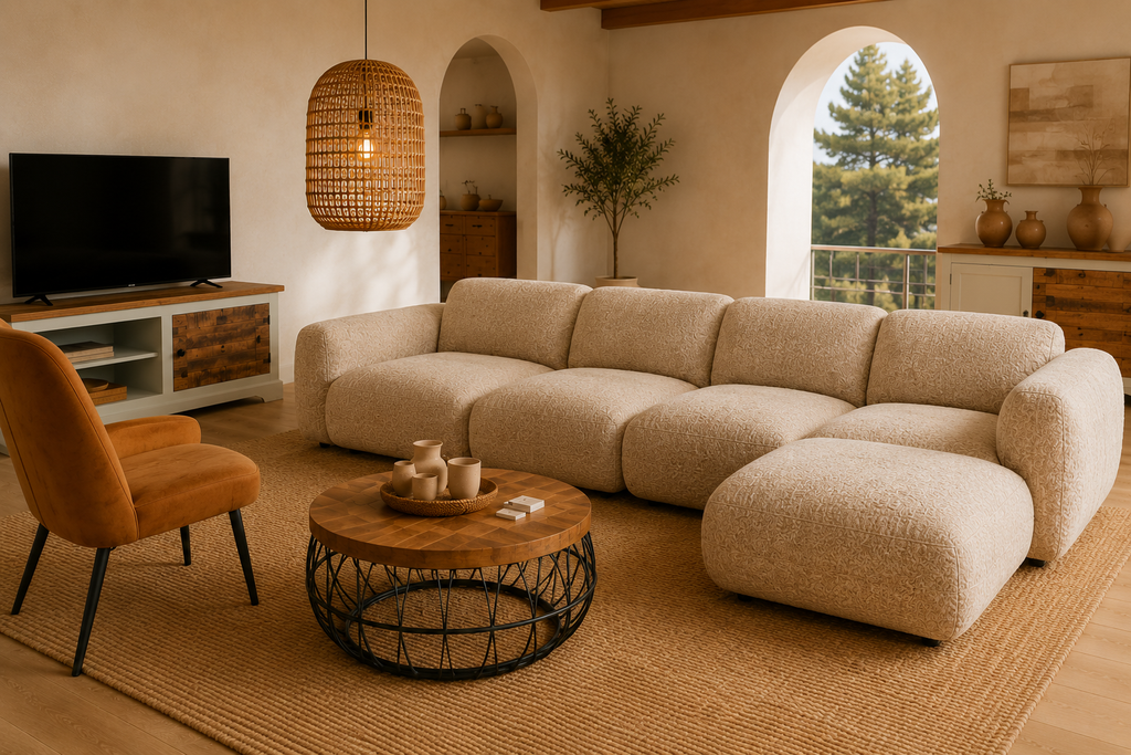Canapé TERRA 4 places en tissu Latte avec pouf — vue produit 1