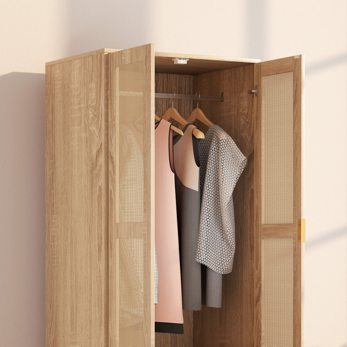 Armoire chambre penderie avec 2 portes en rotin, 2 tiroirs et barre de suspension, 63 x 47 x 185 cm, bois naturel