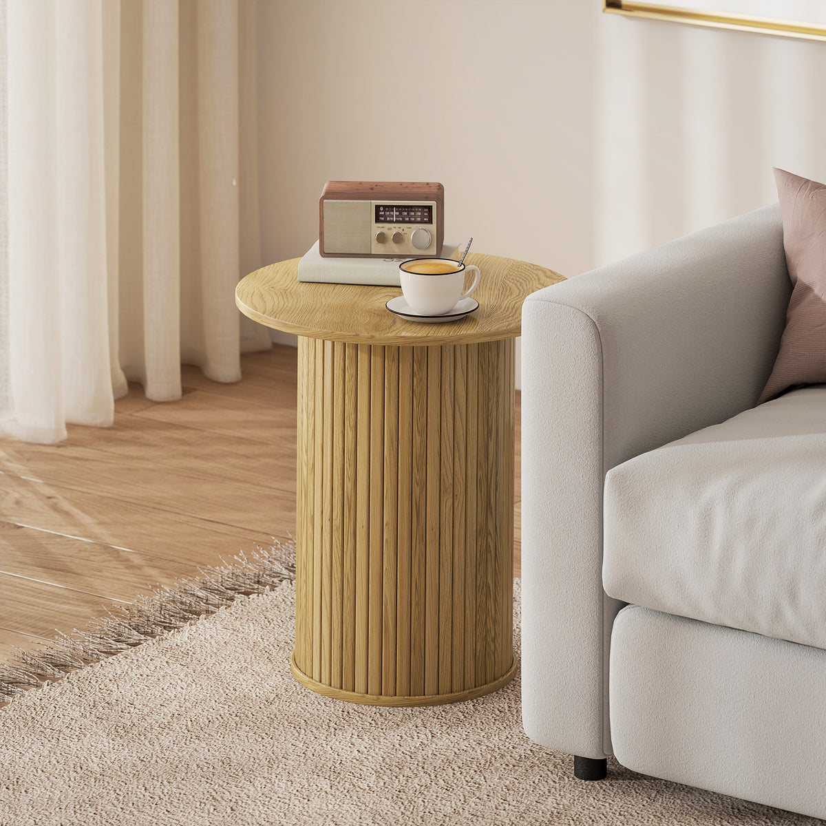 Table d'appoint ronde Ø 48 cm, table basse avec pieds cannelés pour salon, chambre ou petit espace, chêne