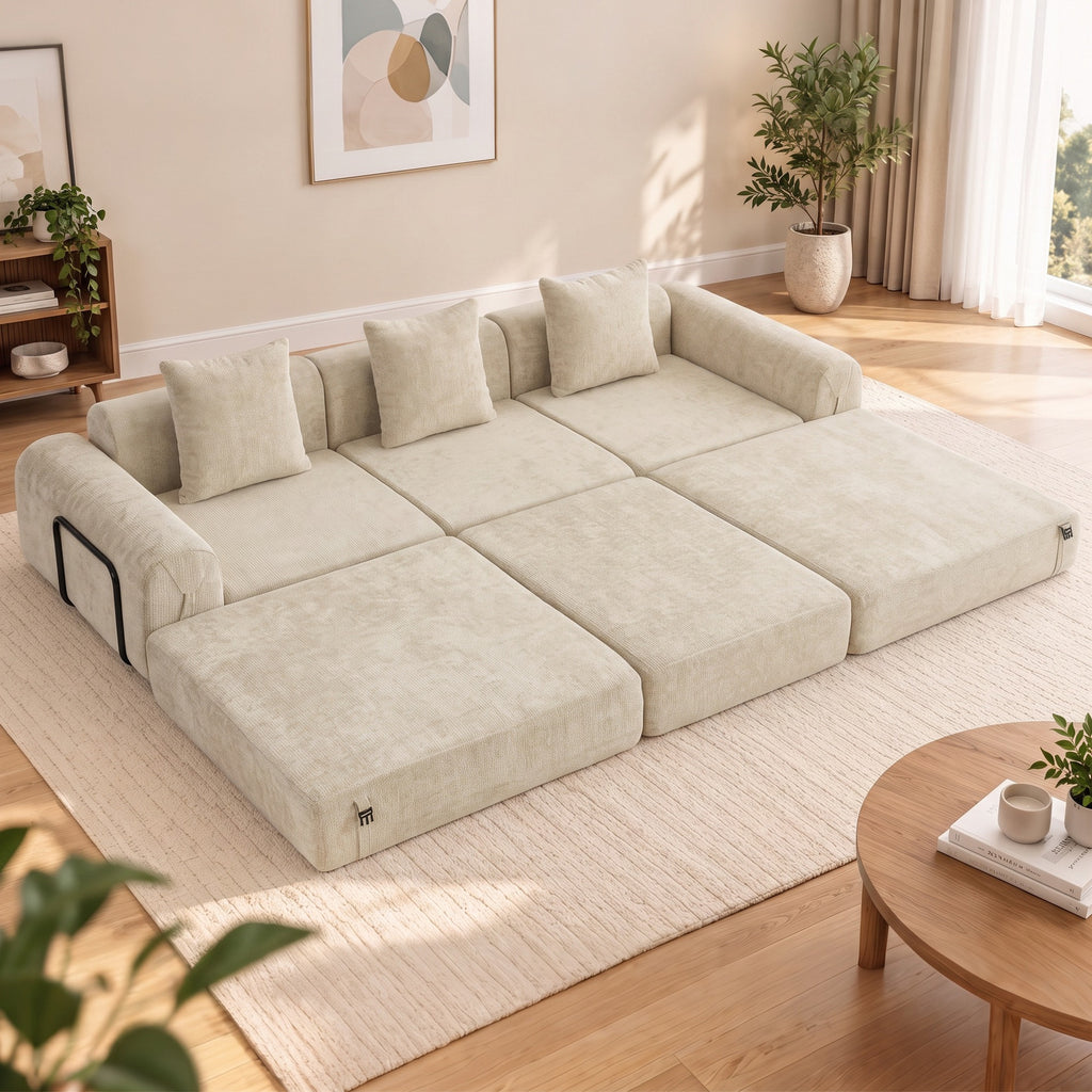 Canapé-Lit Pliable 245 cm, Canapé Compressé 3 Places Modulaire en Chenille avec Assise large, 3 Coussins, Beige