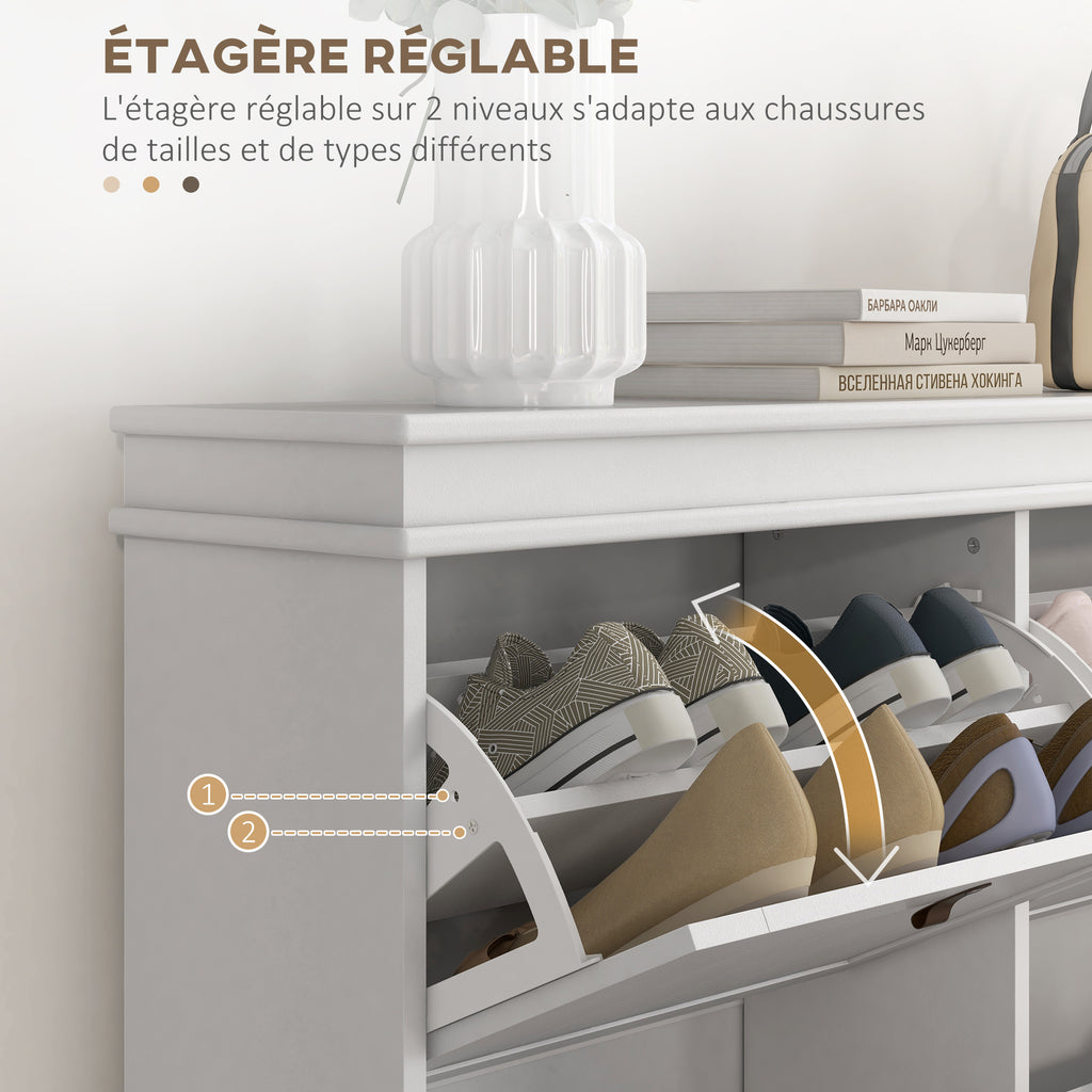 Meuble à chaussures 20 paires, armoire à chaussures, 4 tiroirs rabattables, étagères réglables, 105x24x82,5cm, blanc