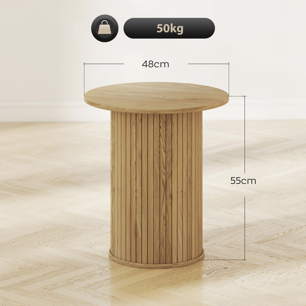 Table d'appoint ronde Ø 48 cm, table basse avec pieds cannelés pour salon, chambre ou petit espace, chêne