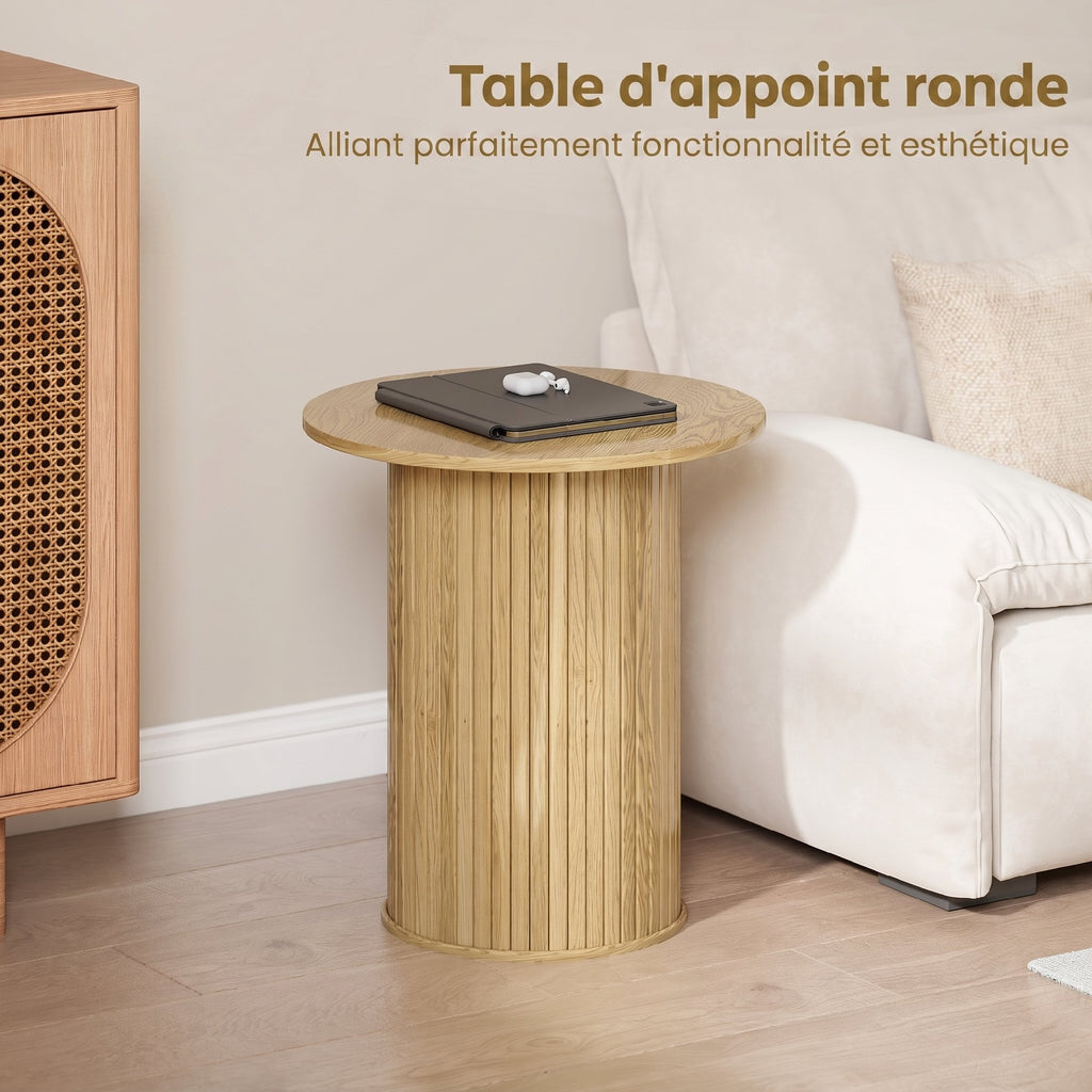 Table d'appoint ronde Ø 48 cm, table basse avec pieds cannelés pour salon, chambre ou petit espace, chêne