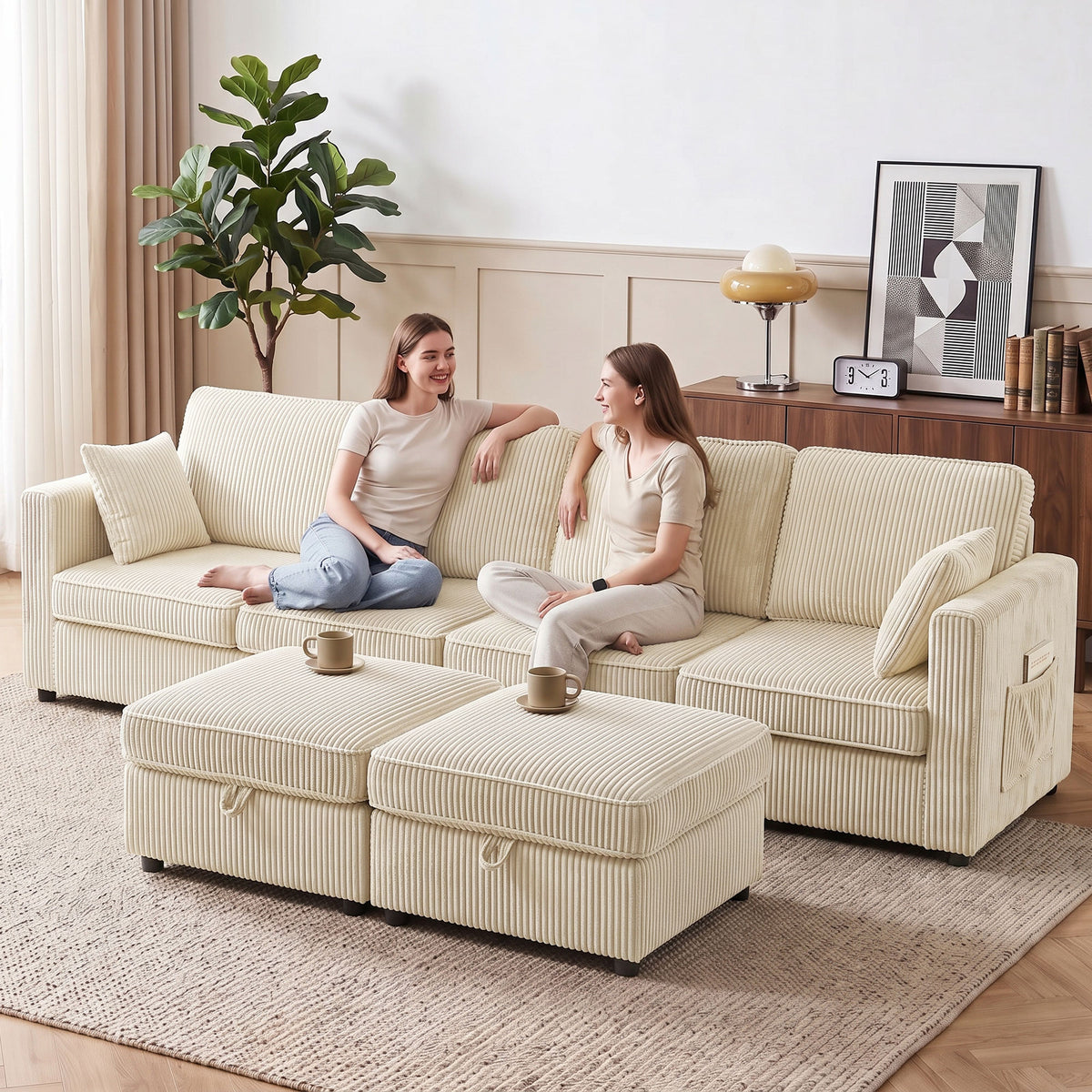 Canapé 4 Places avec 2 Poufs de Rangement, Canapé d'Angle Modulable en U 306 cm en Velours Côtelé, 4 Coussins, Crème