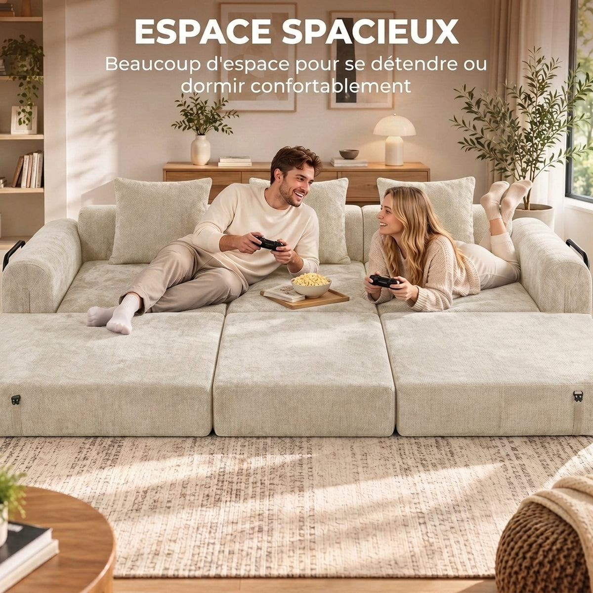 Canapé-Lit Pliable 245 cm, Canapé Compressé 3 Places Modulaire en Chenille avec Assise large, 3 Coussins, Beige
