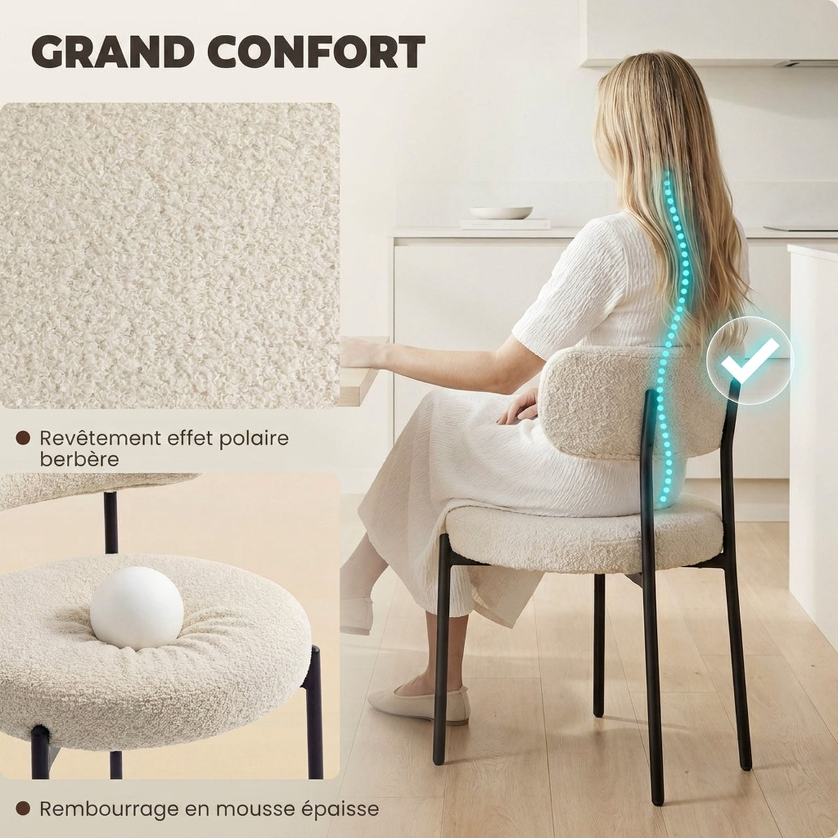Lot de 4 Chaises Salle à Manger Chaises de Cuisine Rembourrées en Tissu Bouclette Dossier Incurvé Pieds en Acier Beige