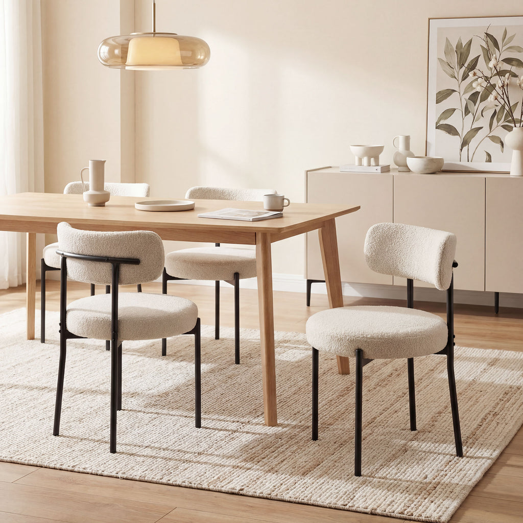 Lot de 4 Chaises Salle à Manger Chaises de Cuisine Rembourrées en Tissu Bouclette Dossier Incurvé Pieds en Acier Beige