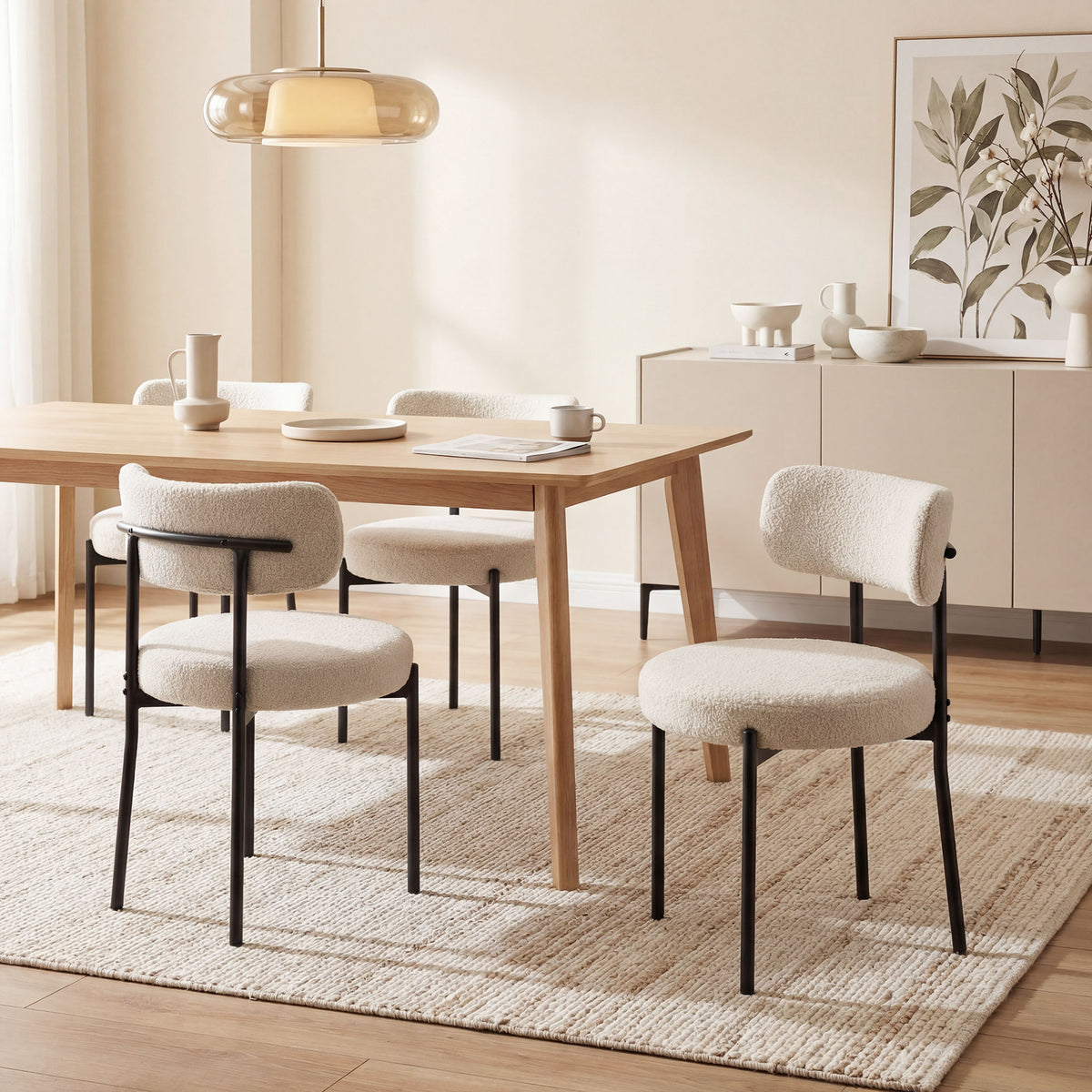 Lot de 4 Chaises Salle à Manger Chaises de Cuisine Rembourrées en Tissu Bouclette Dossier Incurvé Pieds en Acier Beige