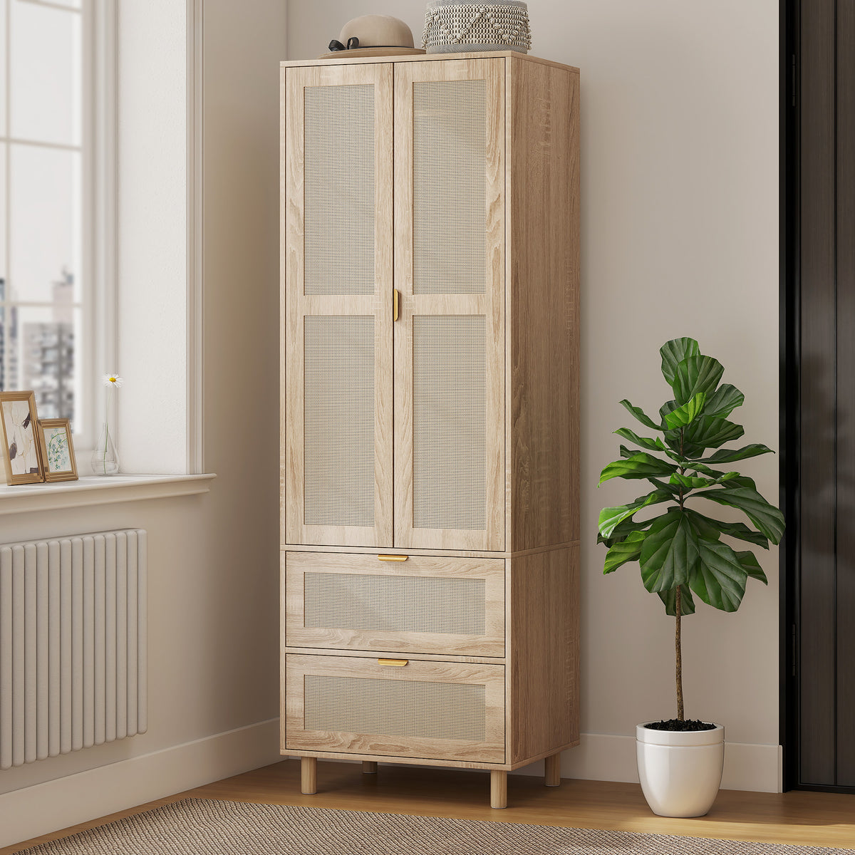 Armoire chambre penderie avec 2 portes en rotin, 2 tiroirs et barre de suspension, 63 x 47 x 185 cm, bois naturel