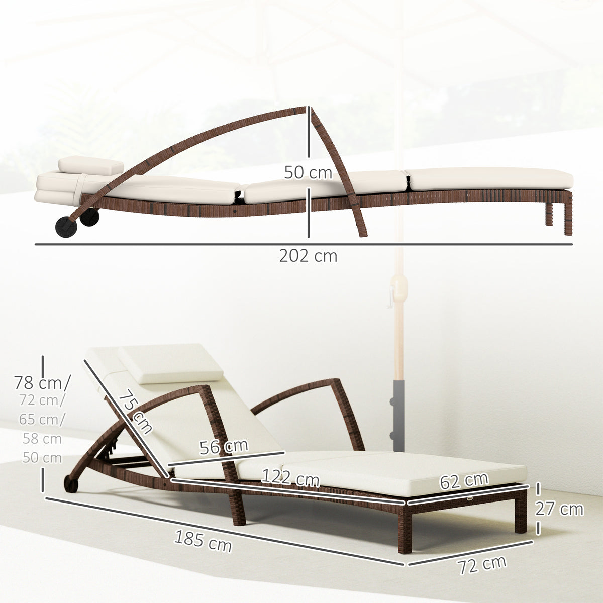 Bain de soleil, chaise longue en résine tressée avec dossier réglable, roulettes, coussin et accoudoirs, marron et beige