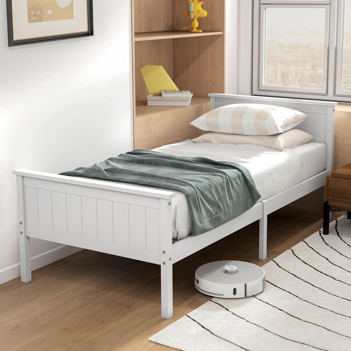 Cadre de lit 90 x 200 cm, lit simple en bois massif avec sommier à lattes tête et pied inclus, assemblage facile, blanc