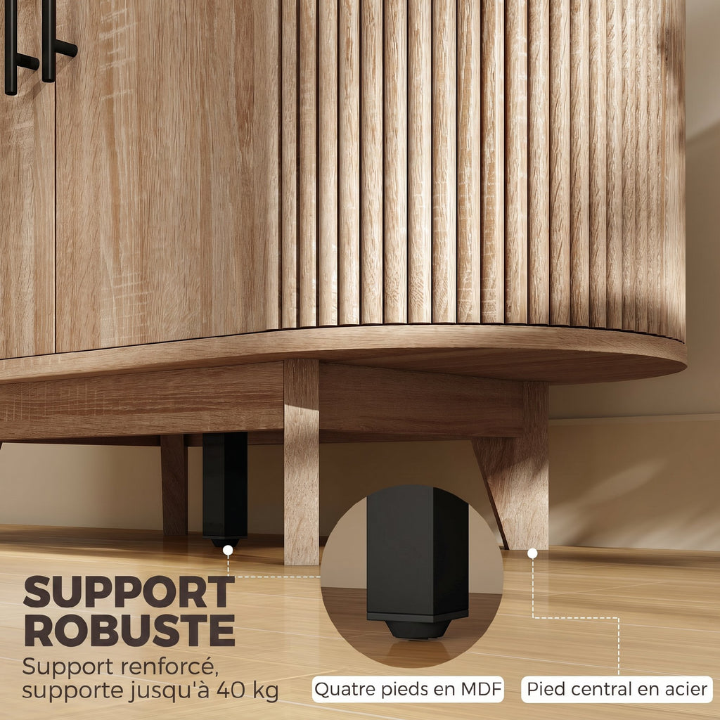 Buffet salon, meuble de rangement ovale avec 4 portes et étagère réglable, 90 x 40 x 76 cm, chêne