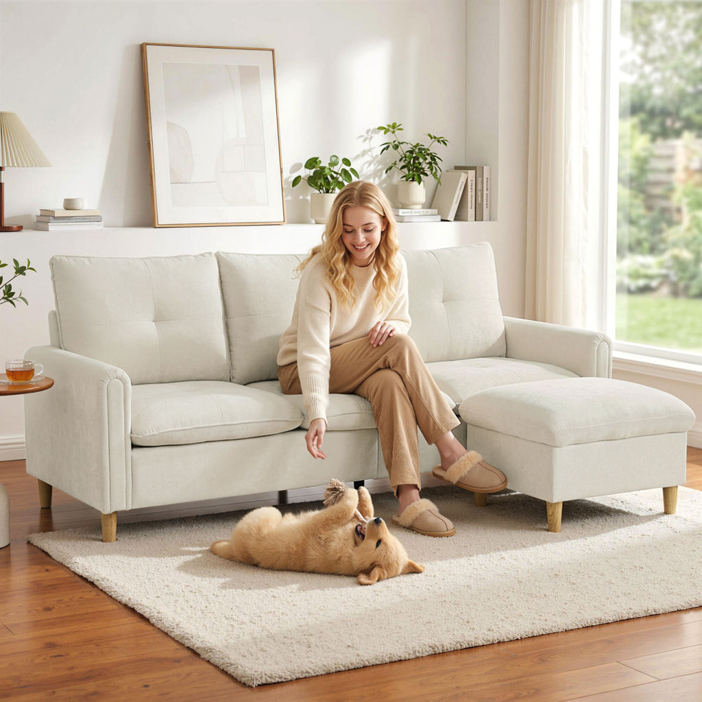 Canapé 3 places avec pouf de rangement, canapé d'angle modulable 210 cm, assise large, tissu aspect lin, crème