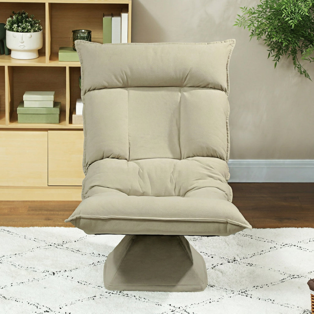 Chaise de sol pivotante à 360°, fauteuil pliable en velours avec dossier réglable 5 positions, 70x62x95cm, beige
