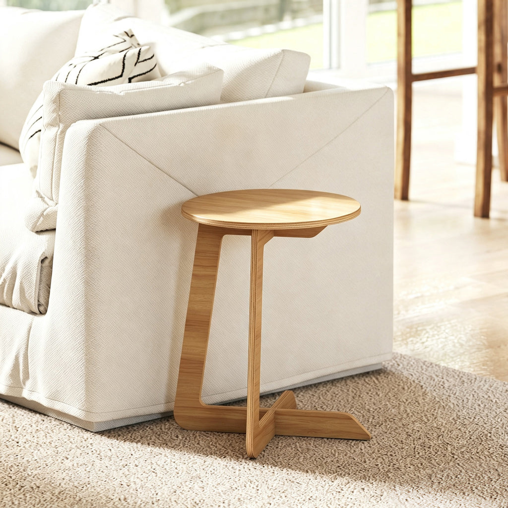 Table d'Appoint en Forme C, Plateau Rond Ø 36 cm, Table Basse Moderne, Compact, Montage par Clipsage, Effet Bois Naturel