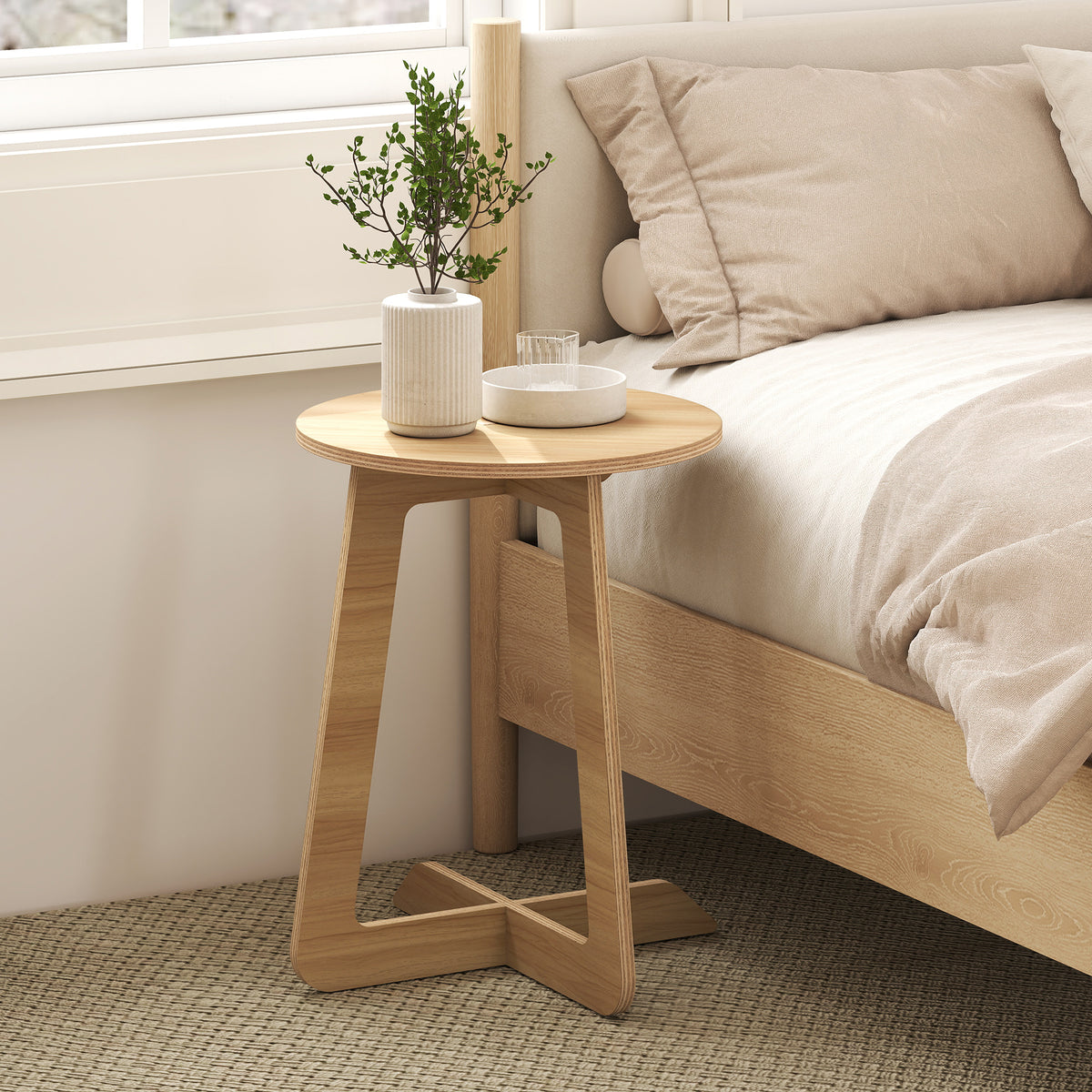 Table d'Appoint en Forme C, Plateau Rond Ø 36 cm, Table Basse Moderne, Compact, Montage par Clipsage, Effet Bois Naturel