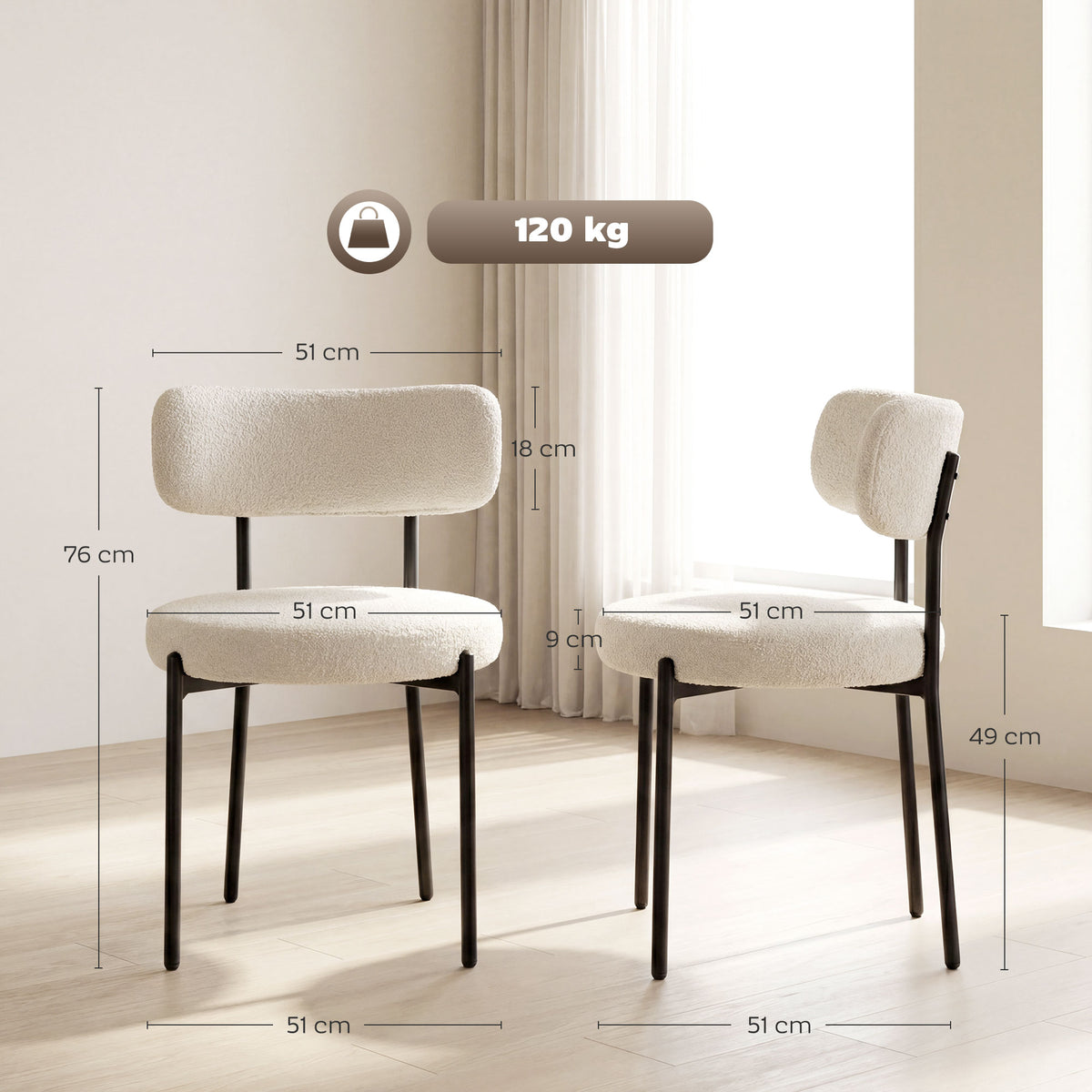 Lot de 4 Chaises Salle à Manger Chaises de Cuisine Rembourrées en Tissu Bouclette Dossier Incurvé Pieds en Acier Beige