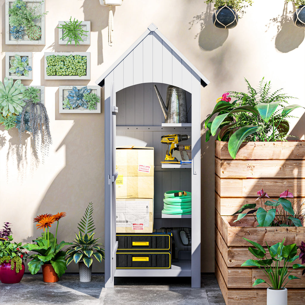 Abri de jardin en bois cabane de jardin exterieur armoire de jardin avec toit bitumé 3 étagères porte avec loquet rangement et stockage extérieurs pour terrasse 77,5 x 54,2 x 179,5 cm blanc