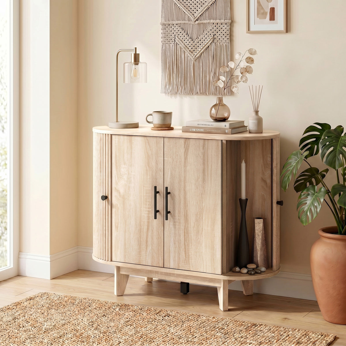 Buffet salon, meuble de rangement ovale avec 4 portes et étagère réglable, 90 x 40 x 76 cm, chêne