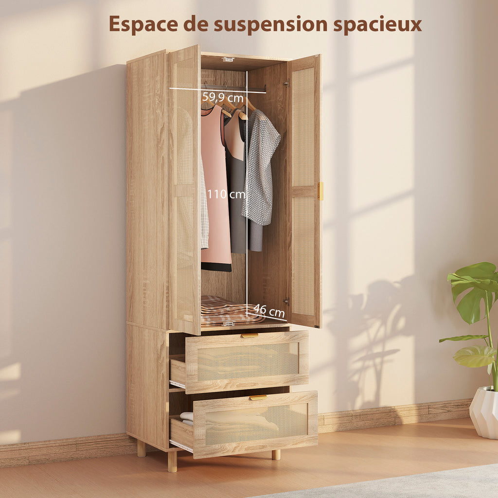Armoire chambre penderie avec 2 portes en rotin, 2 tiroirs et barre de suspension, 63 x 47 x 185 cm, bois naturel