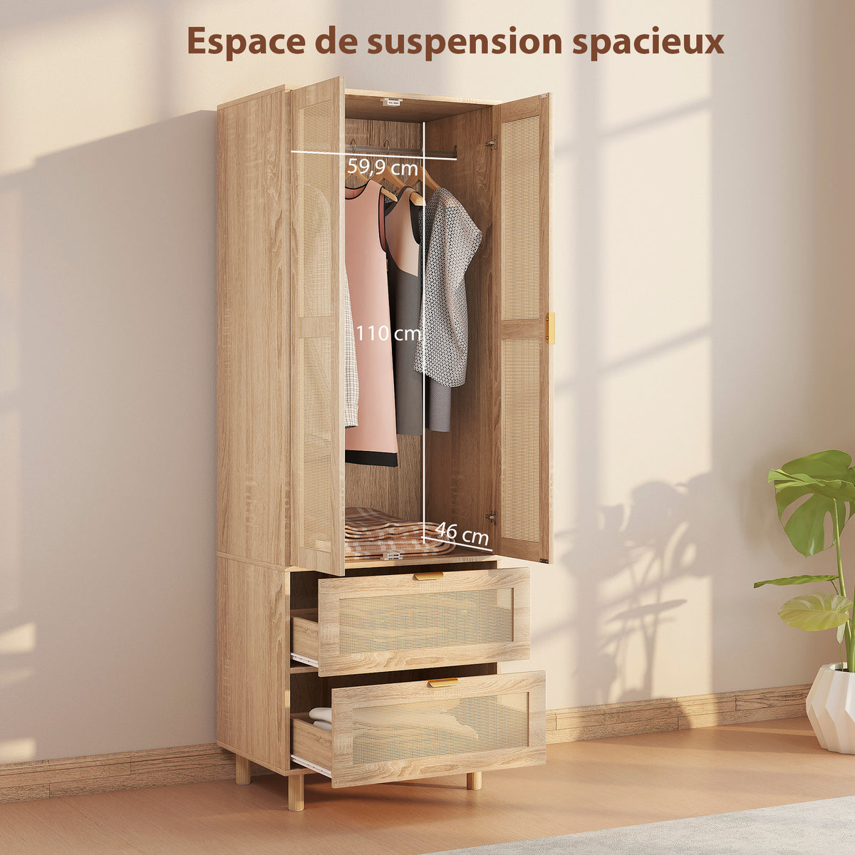 Armoire chambre penderie avec 2 portes en rotin, 2 tiroirs et barre de suspension, 63 x 47 x 185 cm, bois naturel